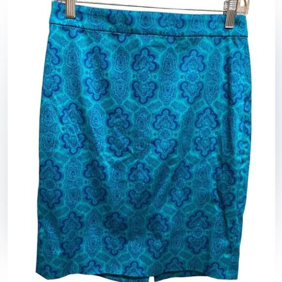 J. Crew Pencil Skirt Women’s Size 2 Mini Blue Teal Green Damask Timeless Design - Picture 1 of 9
